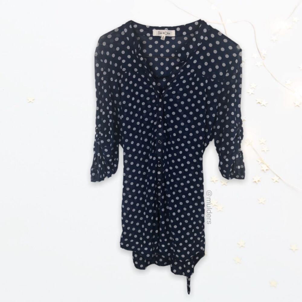 Eden & Olivia Sheer 3/4 Sleeve Dotted Polka Dot Blue & White Button Up Blouse